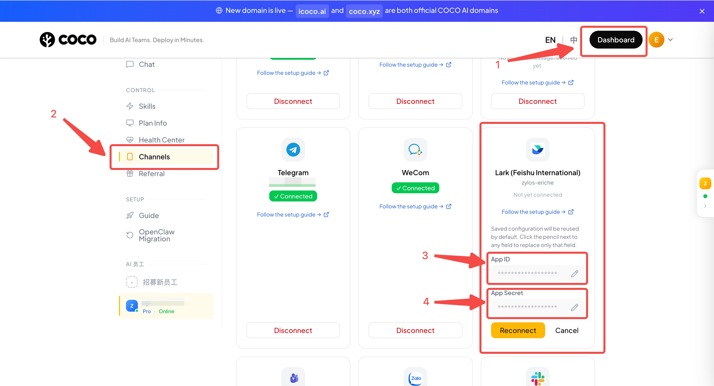 OpenMax Dashboard — fill in App ID and App Secret, click Connect